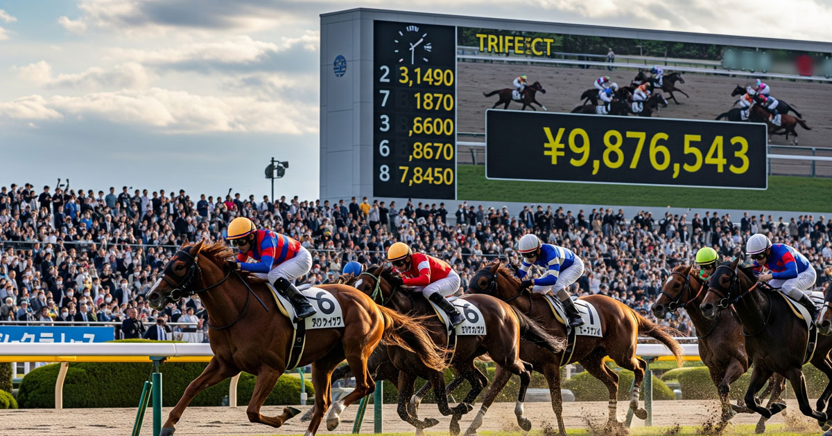 ゴール前で激しく争う日本の競走馬と観客、大型モニターに高配当が表示された3連単の臨場感アイキャッチ