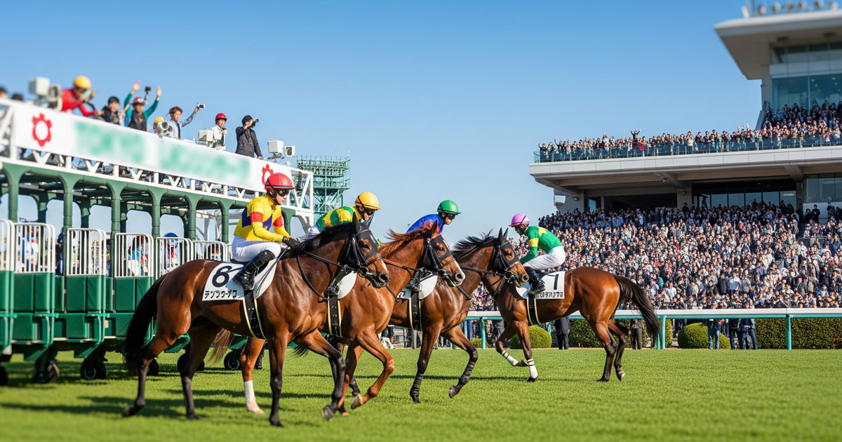 3連複攻略ガイドのアイキャッチ画像。日本の競馬場でレース直前、3頭の馬と騎手がスタートゲート前に集まるリアルな風景。芝生や観客、快晴の空も映る生き生きとした情景