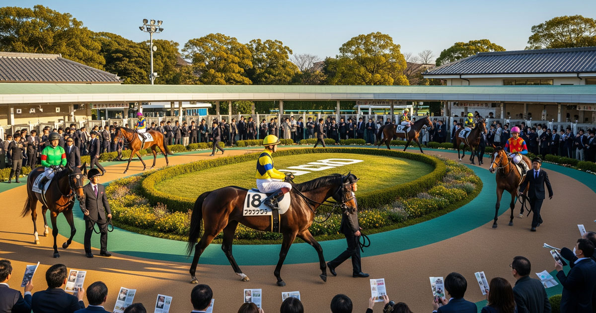3連複5頭ボックスの買い方を解説する記事のアイキャッチ画像。晴れた日の競馬場のパドックで、多くのファンが見守る中、騎乗した競走馬が周回している。