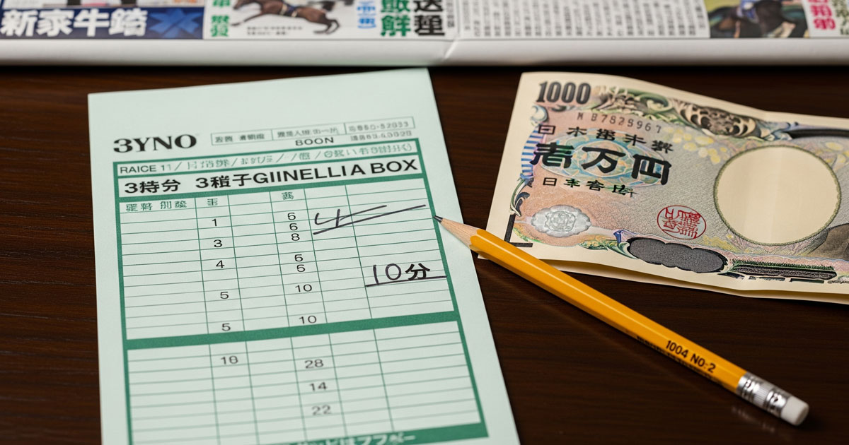 3連複5頭ボックスの基礎知識を説明する画像。競馬のマークシートと1000円札が置かれ、1000円から手軽に始められることを示している。