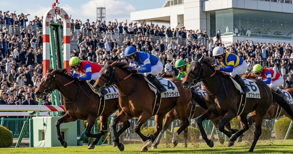 ゴール前で馬単の勝負が決まる瞬間を日本の競馬場スタンドから臨場感たっぷりに捉えた画像