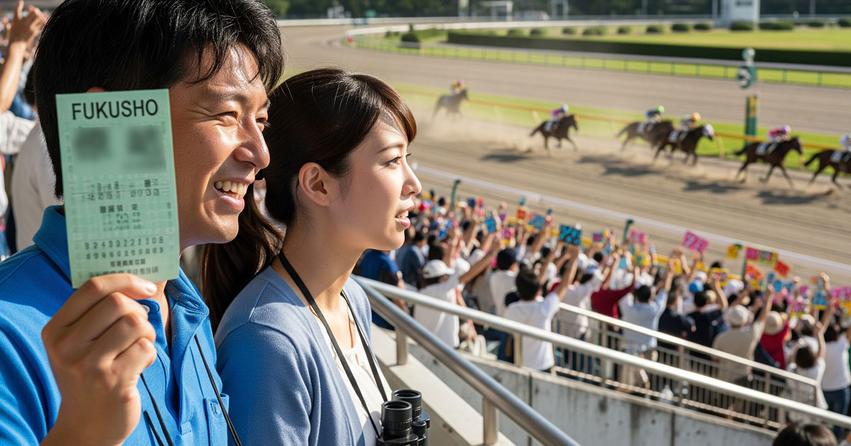 日本の競馬場で複勝馬券を手にした競馬ファンと、賑わうスタンド風景をリアルに撮影したアイキャッチ画像