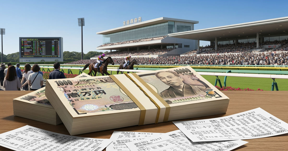 競馬場のスタンドと芝コースを背景に帯封付き札束と馬券が置かれた競馬 帯 とはを象徴するリアル画像