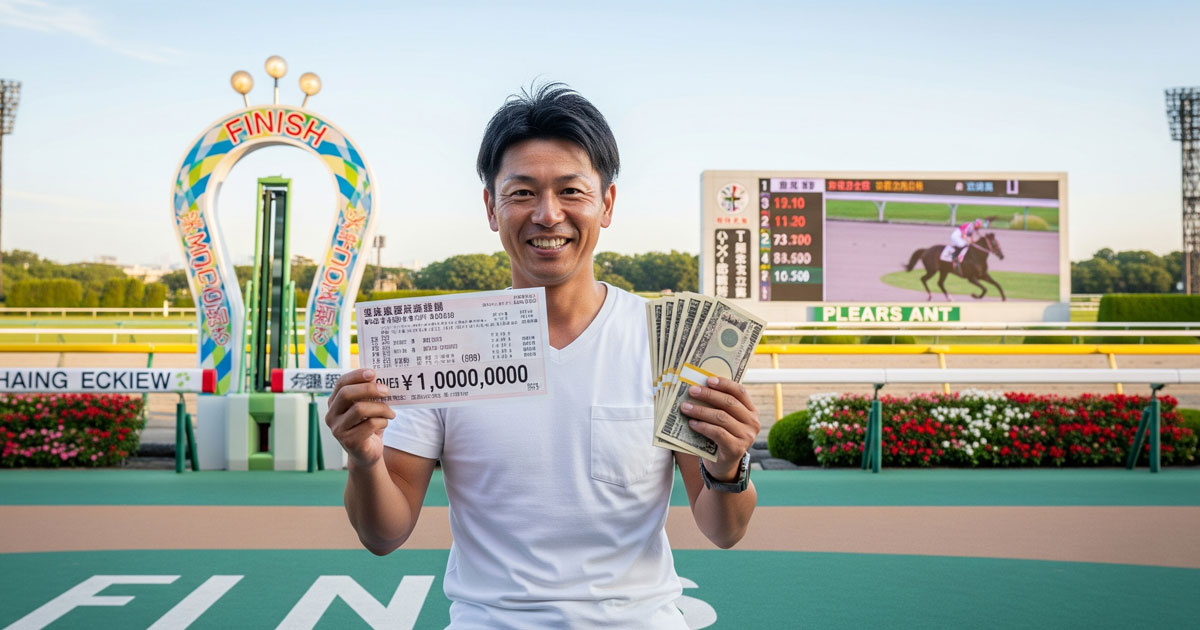 競馬 帯 とはを体現する100万円超の帯馬券を手にしたファンが札束を掲げるシーン