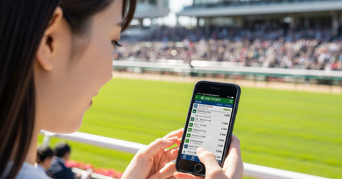 競馬の回収率を上げる買い方を実践する女性。スマートフォンで3連複フォーメーションの馬券を購入している。