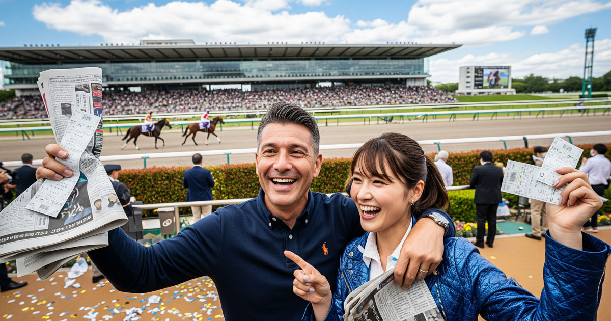 競馬場で勝利を喜ぶ男女と馬券を持つ様子のリアルな日本競馬の現場写真