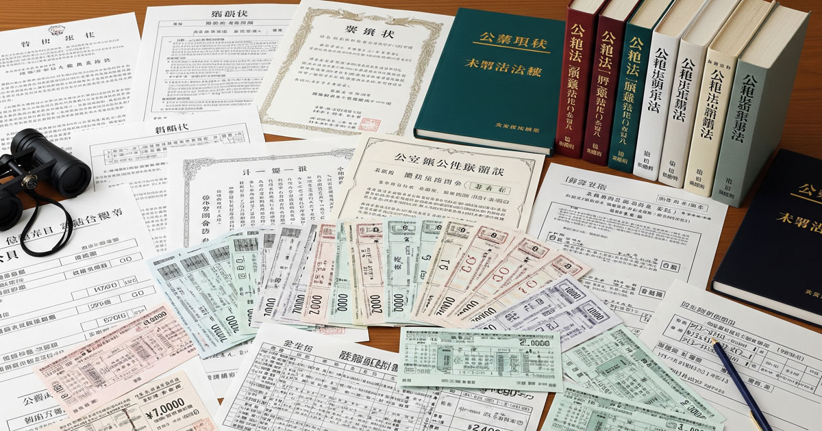 日本の競馬法と馬券、公的運営資料が並ぶ法律と安心を象徴した画像