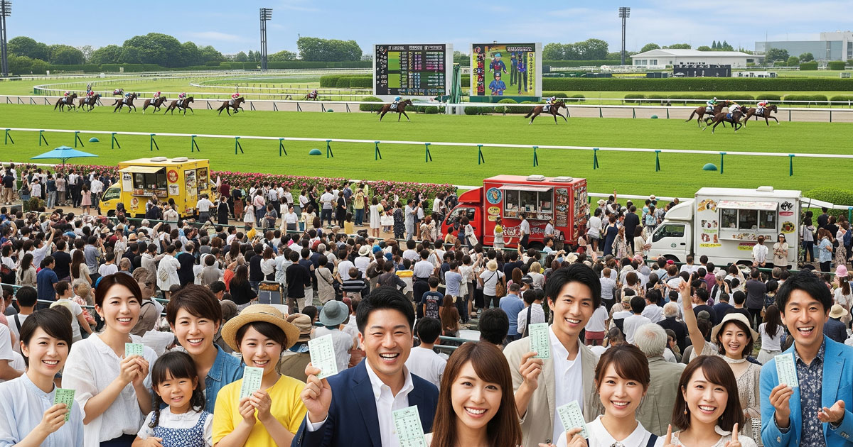 幅広い世代の人々がイベントを楽しむ日本の競馬場の様子