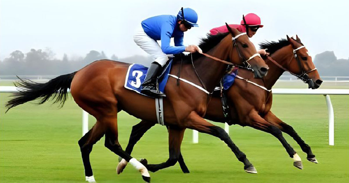 右手前と左手前の違いを横から比較した2頭の競走馬のリアル写真