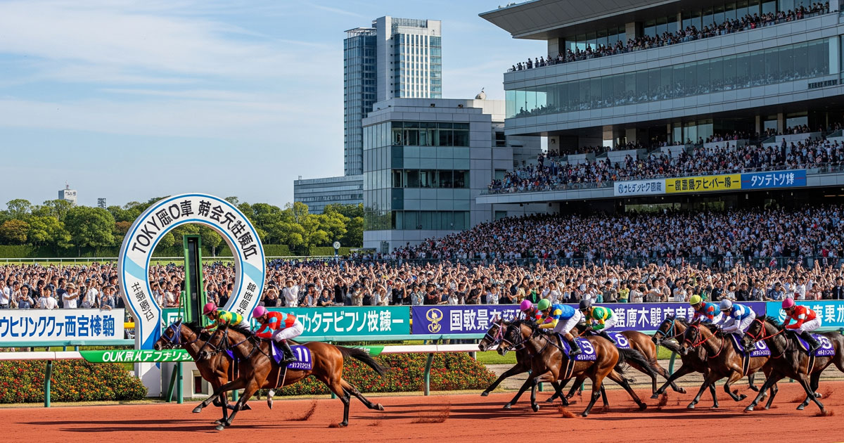 日本の競馬場でサラブレッドが観客の前を疾走する臨場感あふれるレースの様子