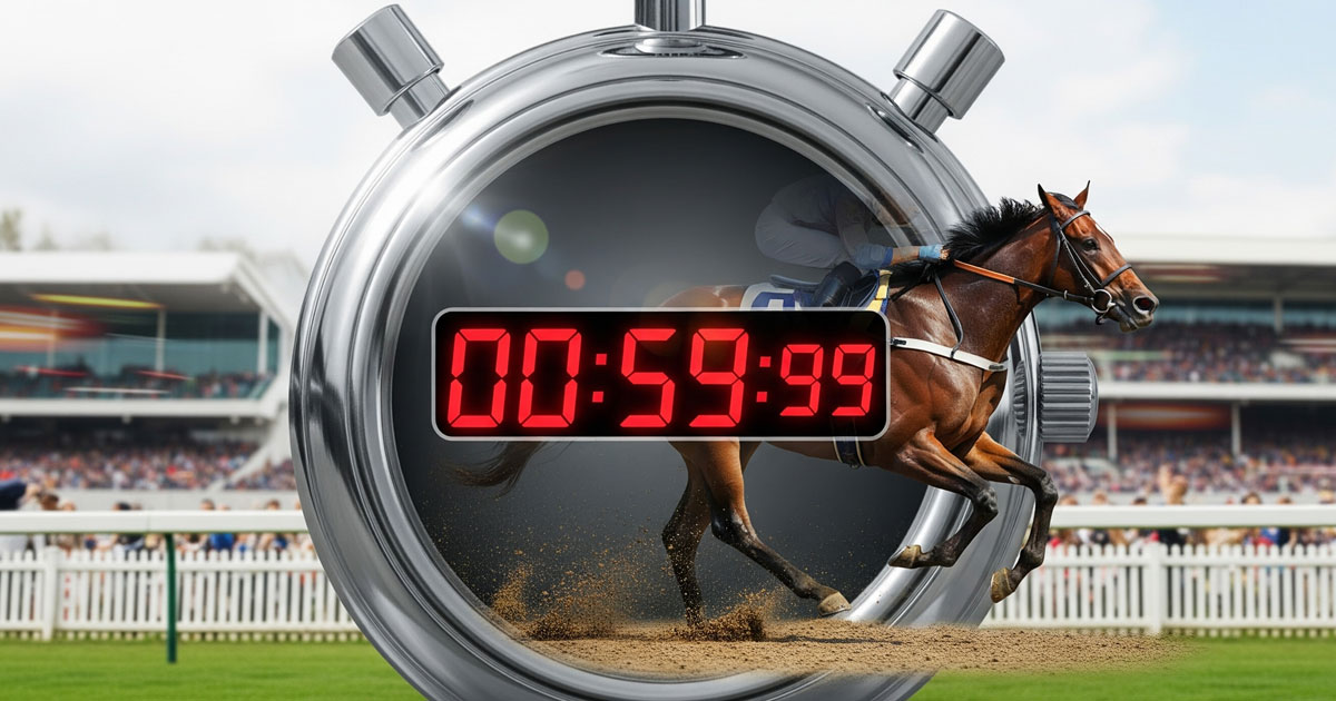 競馬の時計計測を象徴するストップウォッチと疾走する競走馬、背景に競馬場のイメージ