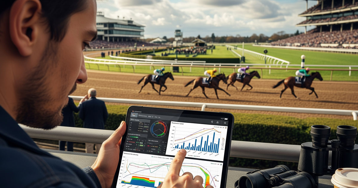 競馬場でタブレットを使い馬の時計データや成績グラフを分析する人物のシーン