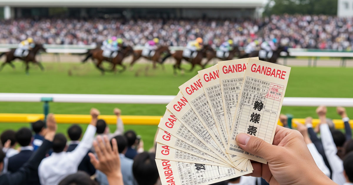 競馬場でファンが“がんばれ”と印字された応援馬券を手に持ち、レースを見守る臨場感あふれる日本の競馬シーン