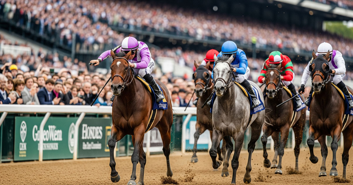 レース中に集中力を欠きスピードを緩める先頭馬と迫る後続馬のリアルな競馬シーン