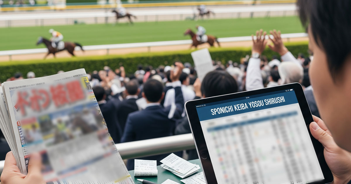 スポニチ競馬予想印が大きく映る新聞とタブレットを手にしたファン、馬券や競馬場の活気を捉えた日本競馬を象徴する画像