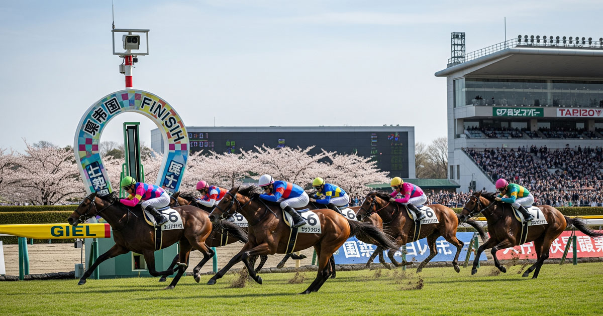 日本国内の競馬場で複数のサラブレッドがゴール前で激しく競り合うリアルなレースシーンのアイキャッチ画像