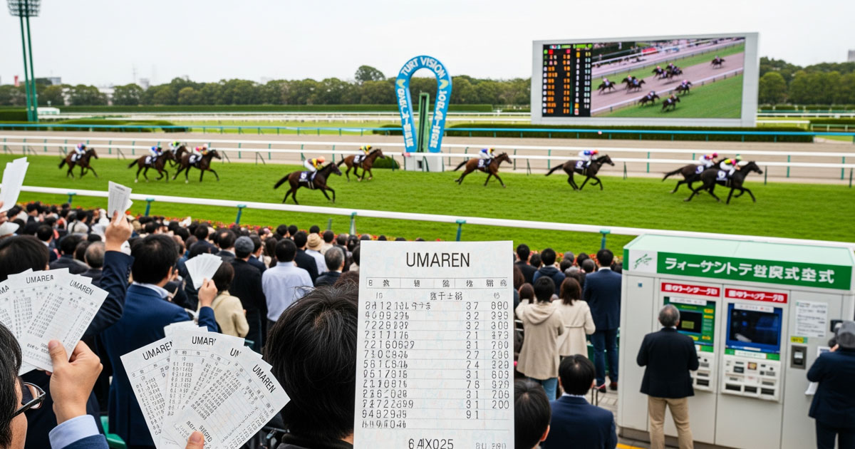 馬連 馬券を手にした競馬ファンが日本の競馬場スタンドから芝コースのレースを見守るリアルな雰囲気の写真