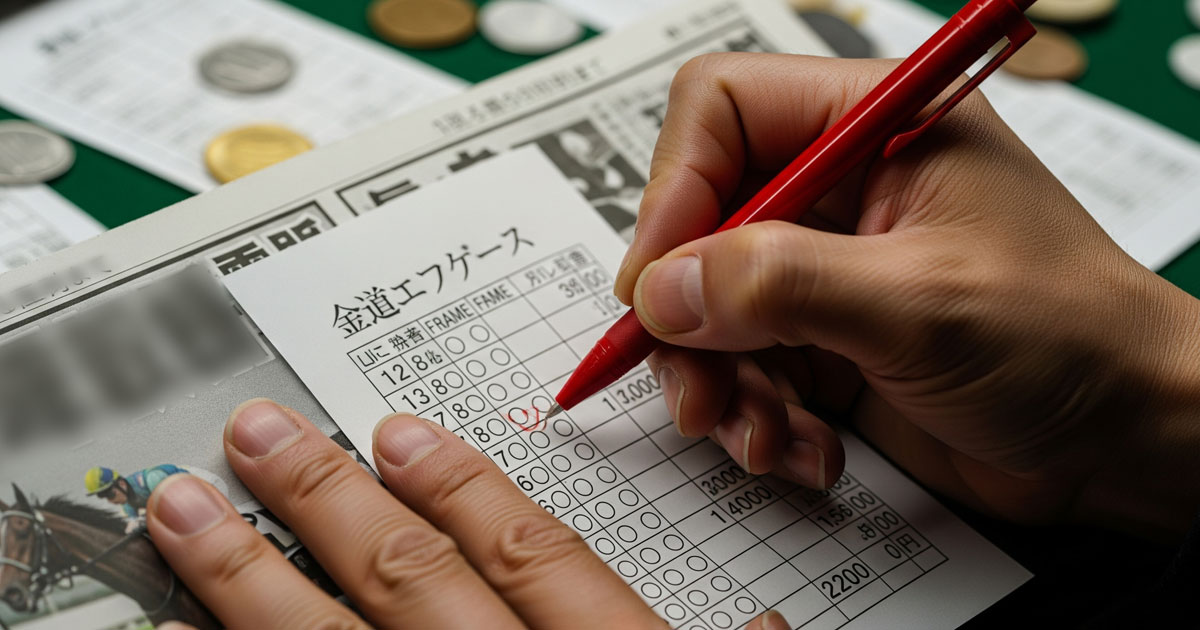 枠連の勝ち方を研究するために、競馬場でマークシートに記入するファンの手元を写した画像