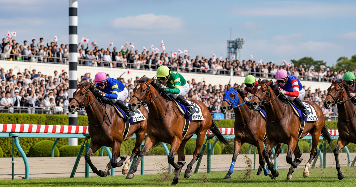 ワイド馬券解説記事のアイキャッチ画像。日本の競馬場で白熱するレースと観客席の熱気を伝えるリアルな写真。