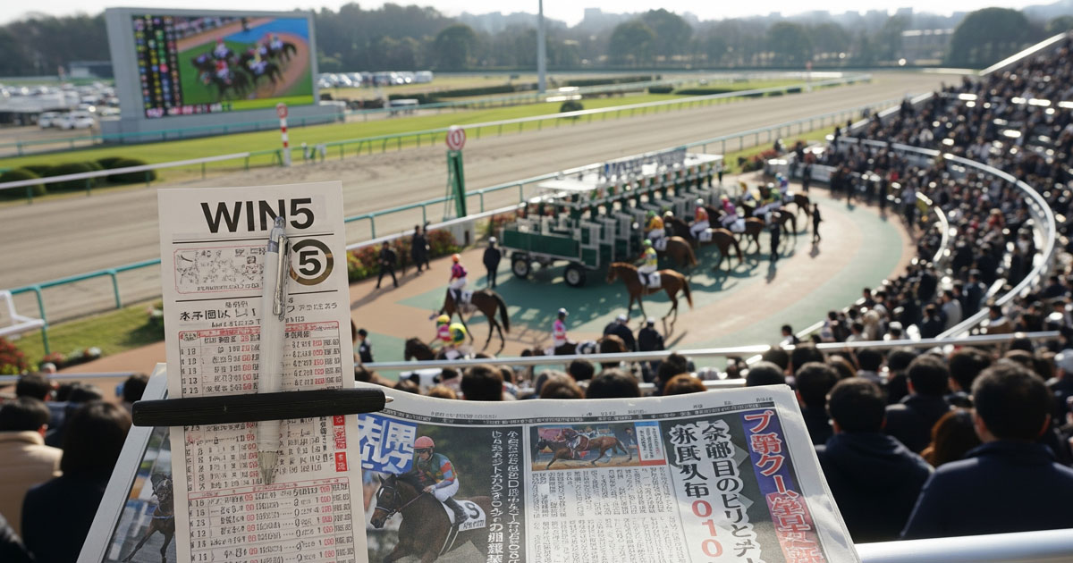 日本の競馬場ゴール前でWIN5馬券をイメージした投票券や応援グッズが並び、多くのファンとともにレースの臨場感を伝える記事用リアル画像